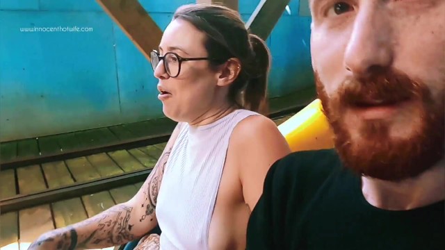 Riding rollercoaster at funfair nip slip, accidental public flash. Tit nipple slip