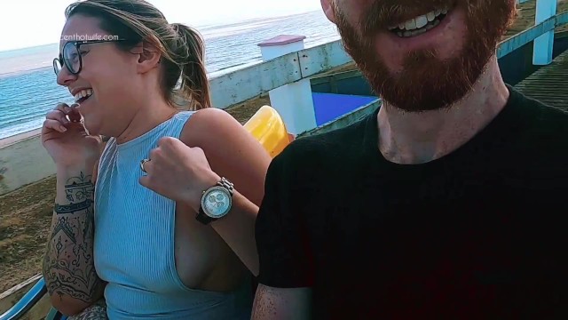 Riding rollercoaster at funfair nip slip, accidental public flash. Tit nipple slip