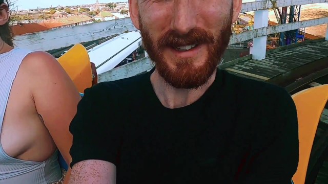 Riding rollercoaster at funfair nip slip, accidental public flash. Tit nipple slip