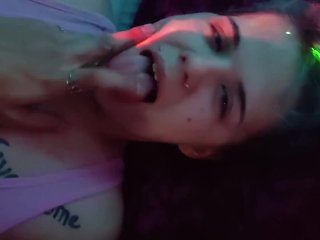 lots of spit, gagging on dick, long cock, pov