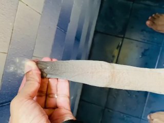 Pulled foreskin play and pissing on the wall in the bathroom foreskin fetish play