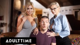 成人时间 - 幸运的家伙在与继母 Kenzie Taylor 和 Caitlin Bell 的狂野三人行中提供公鸡