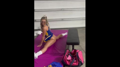 Naughty Blonde College Cheerleader plays with big DILDOS after practice and has multiple SQUIRTS