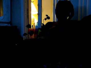 Ebony masturbating on friend's couch &showing naked silhouette_on balcony