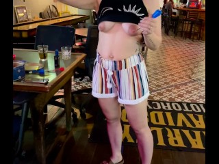 Public Fun Tits out Exhibition Playing Darts Flashing Boobs at the Local Bar Flasher MILF