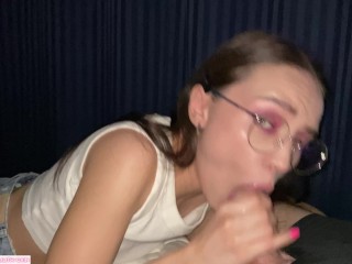 Petite beauty oral pleasures her neighbor while his wife_is at work