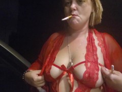 Watch me rub my hard pointy nipples and smoke.