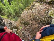 Preview 1 of Two tight streams of urine cross in the mountains. Pissing outdoor UHD 4K video