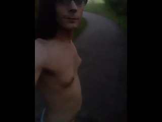 Trans Slut Walking in a Public Park with just Panties