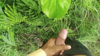 大鸡巴射精在自然花园，户外射精
