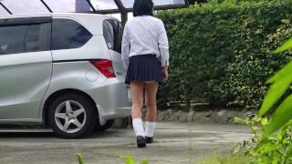 Taking a test shot outdoors in a new school girl outfit
