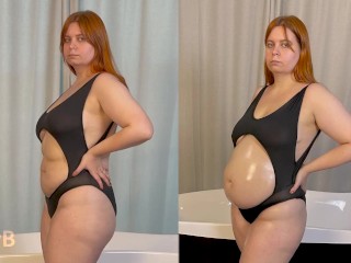 Water Enema Belly Stuffing and Inflating Curvy Girl in Black Bikini