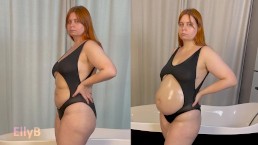 Водная клизма набивка живота и надувание фигуристой девушки в черном бикини