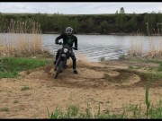 Preview 1 of A Russian BIKER while riding a MOTORCYCLE in the forest GOT EXCITED and jerked off in public