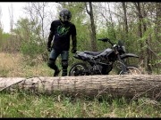 Preview 2 of A Russian BIKER while riding a MOTORCYCLE in the forest GOT EXCITED and jerked off in public