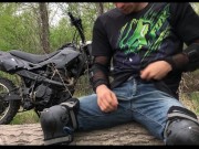 Preview 4 of A Russian BIKER while riding a MOTORCYCLE in the forest GOT EXCITED and jerked off in public