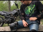 Preview 5 of A Russian BIKER while riding a MOTORCYCLE in the forest GOT EXCITED and jerked off in public
