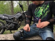 Preview 6 of A Russian BIKER while riding a MOTORCYCLE in the forest GOT EXCITED and jerked off in public