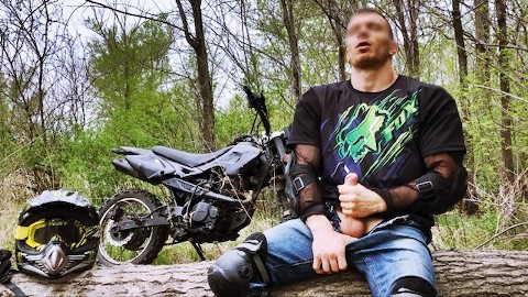 A Russian BIKER while riding a MOTORCYCLE in the forest GOT EXCITED and jerked off in public