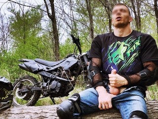 A Russian BIKER while Riding a MOTORCYCLE in the Forest GOT EXCITED and Jerked off in Public