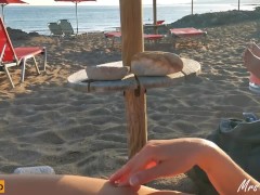 Exposed Cumshot at public beach on Busty Stepmom with Cum everywhere