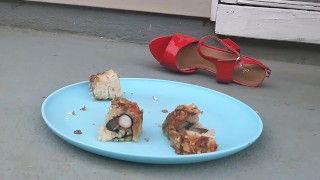 Stomping on sushi in heels