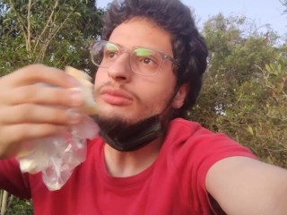 Man Eats a Hot Dog in Public Park, Fetish