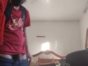 Preview 1 of Backpack man Pissing in a bottle before leaving home and pluging, anal plug in