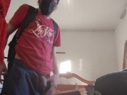 Preview 5 of Backpack man Pissing in a bottle before leaving home and pluging, anal plug in