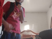 Preview 6 of Backpack man Pissing in a bottle before leaving home and pluging, anal plug in