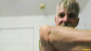 Gay DILF Richard Lennox’s big cock in pantyhose