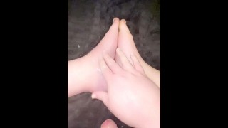 Trans sissy jerking her clit and cumming on her feet