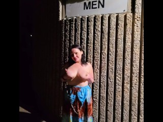 MILF with Big Tits gives BJ in Public Bathroom - RosyBody