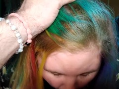 Rainbow haired pixie pawg gives amazing quickie blowjob while she is supposed to be working