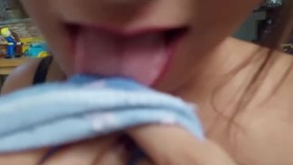 Doing a socksjob on my slave and then eating the cum from the sock Onlyfans Mistress Darkshine