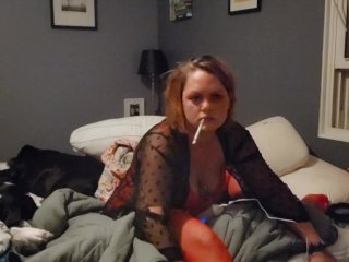 red lips, smoking masturbation, smoking, thigh high stockings