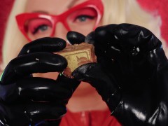 Mukbang ASMR: Eating Chewing Chocolate Car - Latex blonde close up video mouth fetish