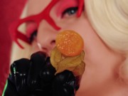 Preview 1 of Mukbang ASMR Eating Chewing FOOD FETISH Latex blonde in braces Arya Grander close up video mouth