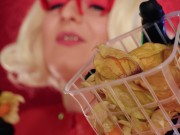 Preview 2 of Mukbang ASMR Eating Chewing FOOD FETISH Latex blonde in braces Arya Grander close up video mouth