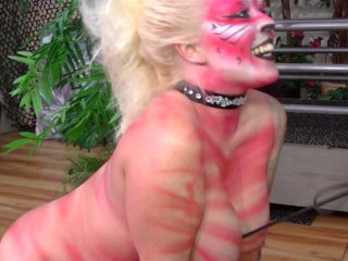 Lezdom Mistress dominate bodypainting cat with fisting and licking