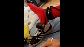 long tube sock mismatch, bondage, sneaker fun