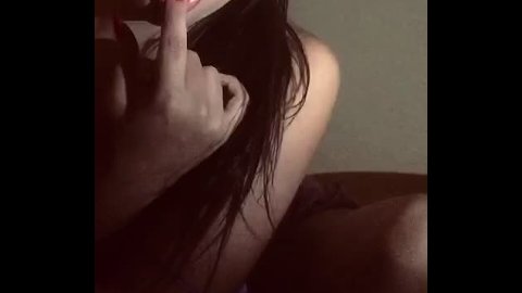 Petite brunette with huge gigantic tits is desperate for cock in her mouth so she suck's her finger