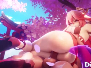 Sexy Foxy Yae Miko é Fodida com Força Por Baixo e Adora - Genshin Impact