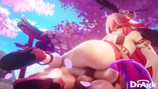 La sexy Foxy Yae Miko es follada duro desde abajo y le encanta - Genshin Impact