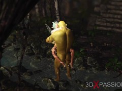 Threesome with a beautiful hot fairy and two orcs in the night forest