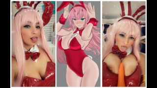 Nul twee konijnen cosplay sexy meid vuile praat JOI Aftrekinstructies spelen met haar wortel anaal