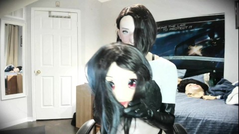 Celli and Ely Pt2! Unmasking from kigurumi Celli to play with female masked rubber doll Ely!