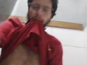 Preview 4 of Putting my belly out from my red shirt and pissing out in the public bathroom