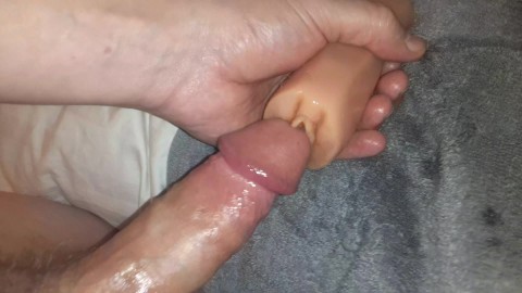 Dick has problem getting in sex toy, huge creampie