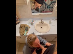 Bathroom mirror quickie blowjob clothed cocktease sucks me 